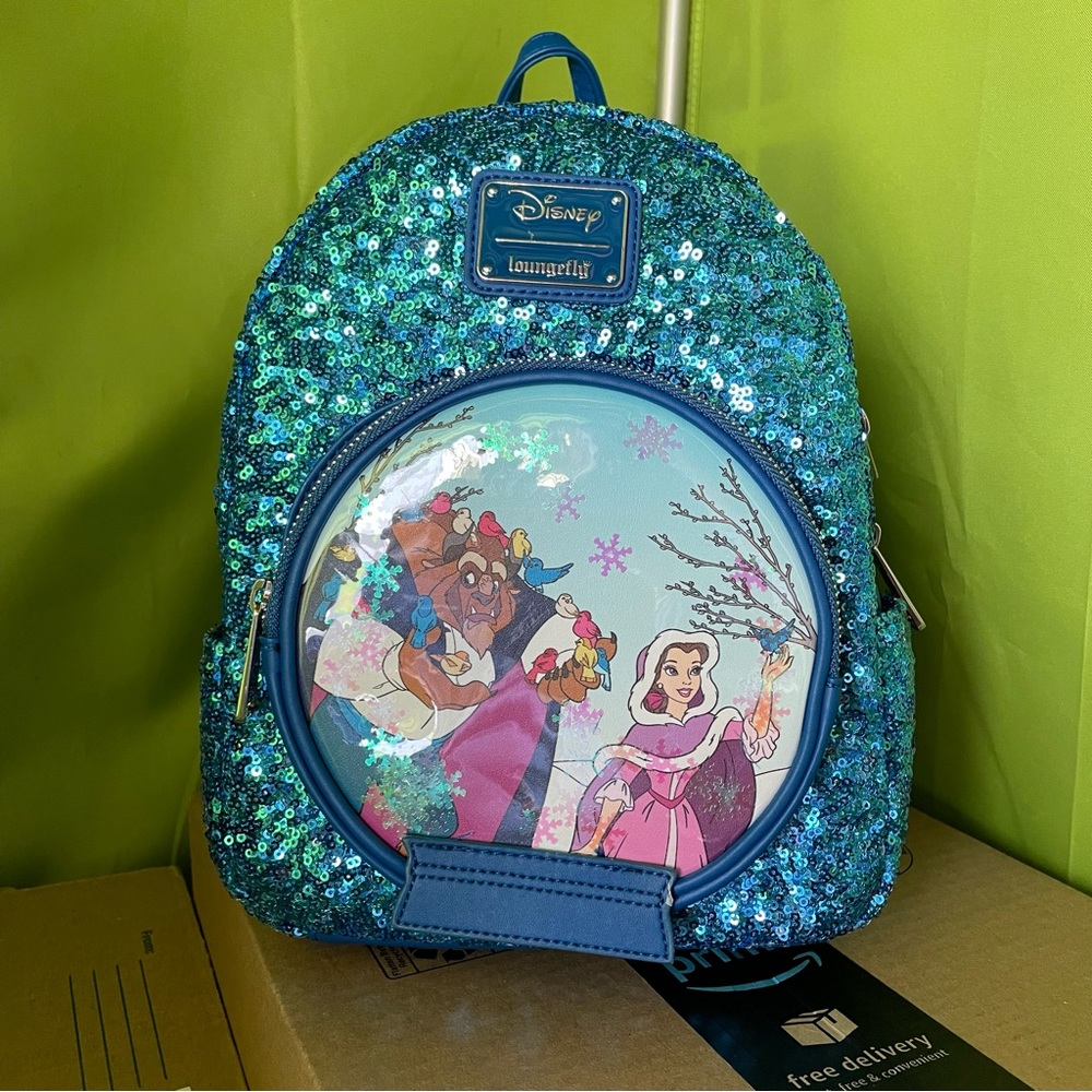 Beauty and the beast loungefly bag sparkly sequins Christmas special snow globe